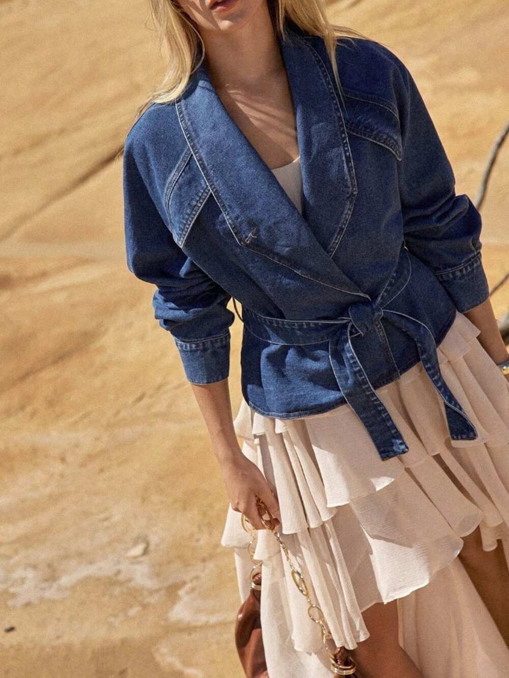 Blue Casual Women's Tie-Up Collar Denim Jacket
